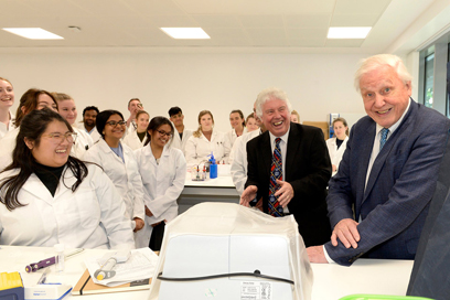 Sir David Attenborough with students at the opening of the David Attenborough Laboratories at Keele University.